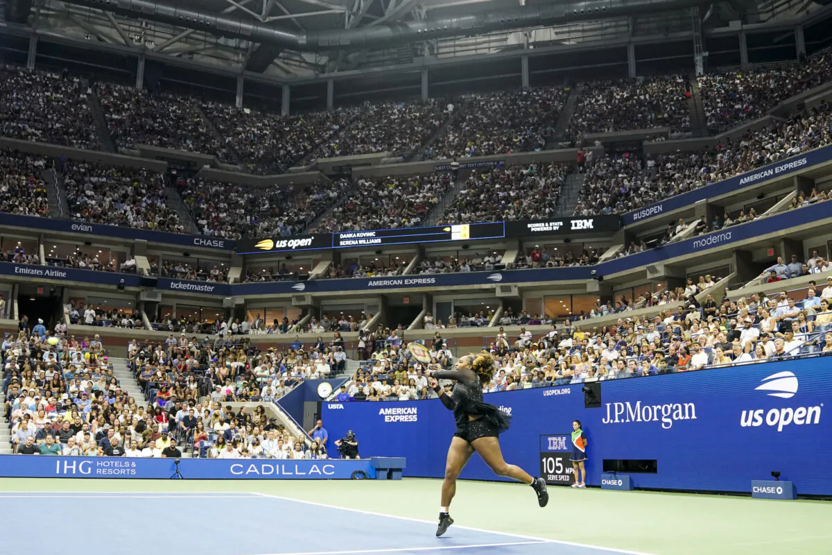 Serena Williams, of the United States, returns a shot to Danka Kovinic, of Montenegro, during the first round of the US Open tennis championships in New York, Aug. 29, 2022. (John Minchillo/AP Photo)