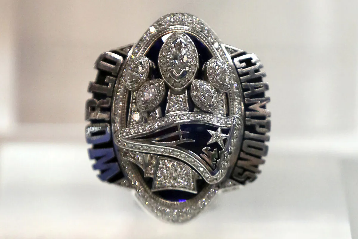 A New England Patriots Super Bowl LI ring is displayed at the Super Bowl Rings exhibit in Indianapolis on March 1, 2018. (Gregory Payan/AP Photo)