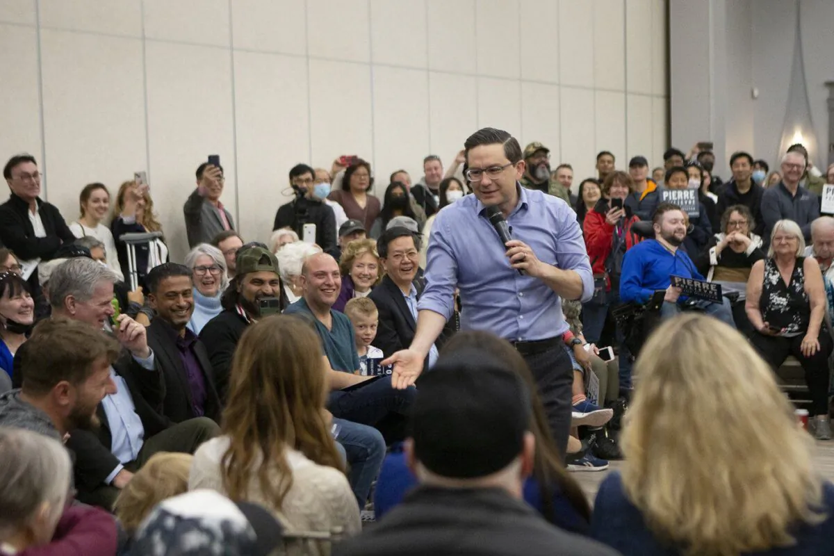 Then-Conservative Party leadership candidate Pierre Poilievre speaks at a campaign rally in Toronto on April 30, 2022. (The Canadian Press/Chris Young)