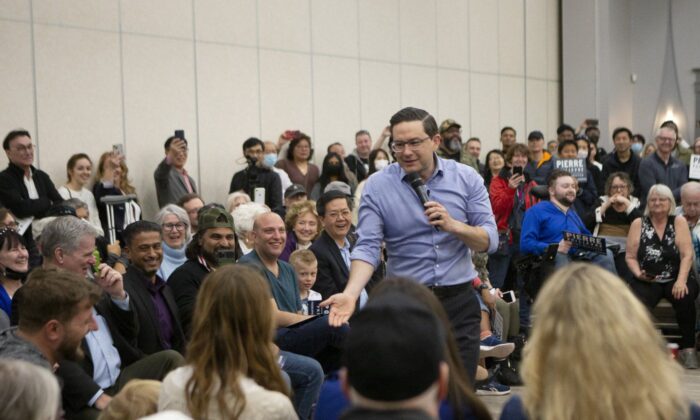 Then-Conservative Party leadership candidate Pierre Poilievre speaks at a campaign rally in Toronto on April 30, 2022. (The Canadian Press/Chris Young)