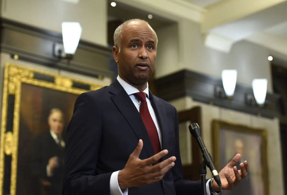 Minister of Housing and Diversity and Inclusion Ahmed Hussen speaks during a news conference in the foyer of the House of Commons in Ottawa on June 6, 2022. (The Canadian Press/Justin Tang)

