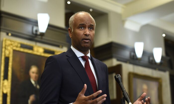 Minister of Housing and Diversity and Inclusion Ahmed Hussen speaks during a news conference in the foyer of the House of Commons in Ottawa on June 6, 2022. (The Canadian Press/Justin Tang)
