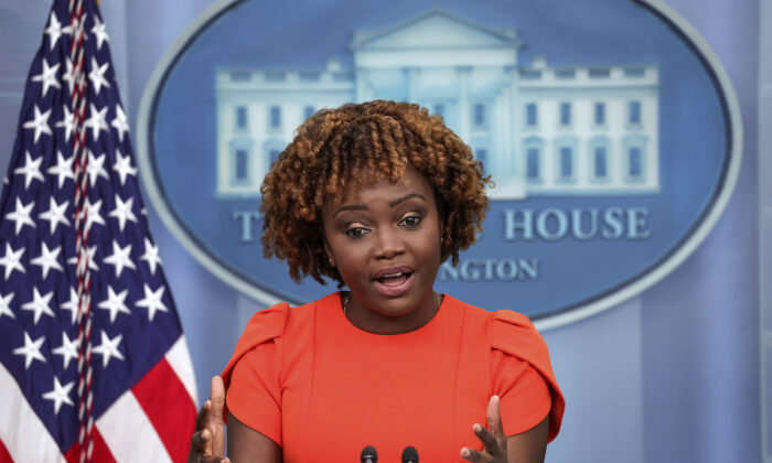 White House Press Secretary Karine Jean-Pierre speaks during the White House daily press briefing in the James S. Brady Press Room of the White House in Washington, on Aug. 29, 2022. (Win McNamee/Getty Images)