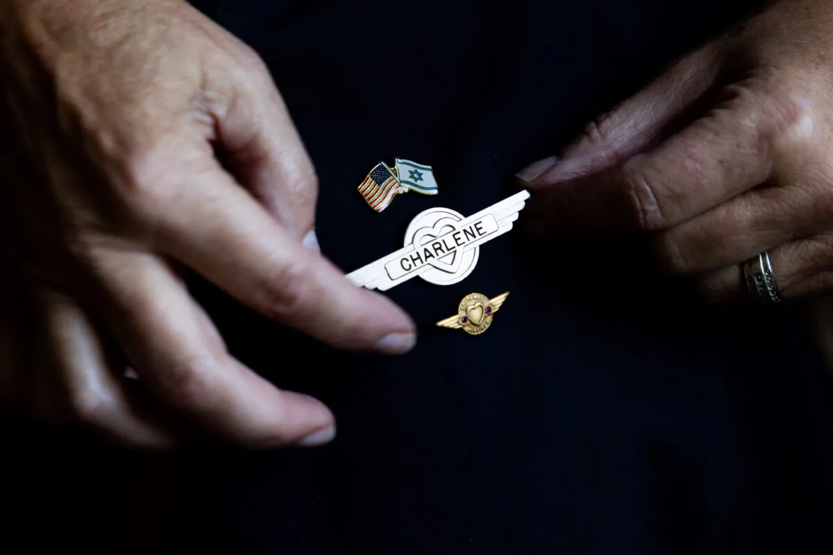 A pin that Charlene Carter wore on her Southwest Airlines flight attendant uniform, at her home in Aurora, Colo., on Aug. 30, 2022.
