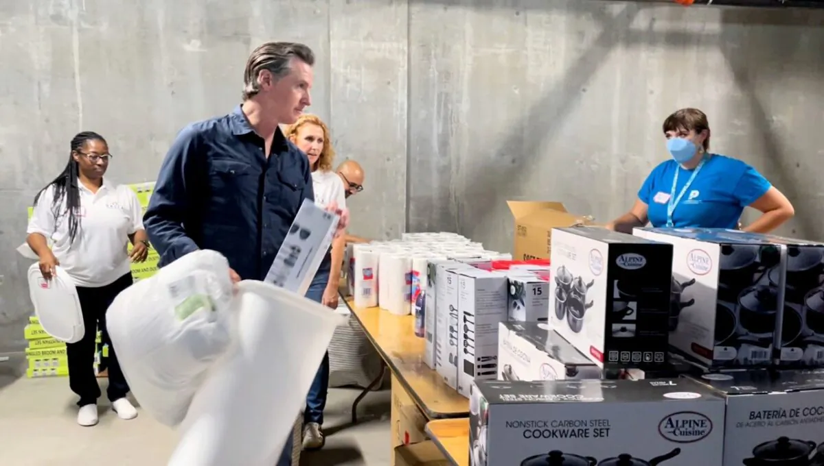 California Gov. Gavin Newsom visits a Project Homekey site in Los Angeles preparing to house tenants on Aug. 24, 2022. (Courtesy of Office of Governor Gavin Newsom)