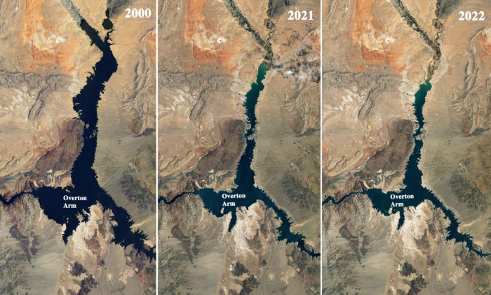 Photos of the Colorado River showing drought at the Overton Arm between 2000 and 2022. (Compilation of NASA photos)