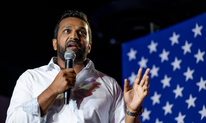 Kash Patel, former chief of staff for the Department of Defense, speaks during a campaign event for Republican election candidates at the Whiskey Roads Restaurant & Bar in Tucson, Ariz., on July 31, 2022. (Brandon Bell/Getty Images)