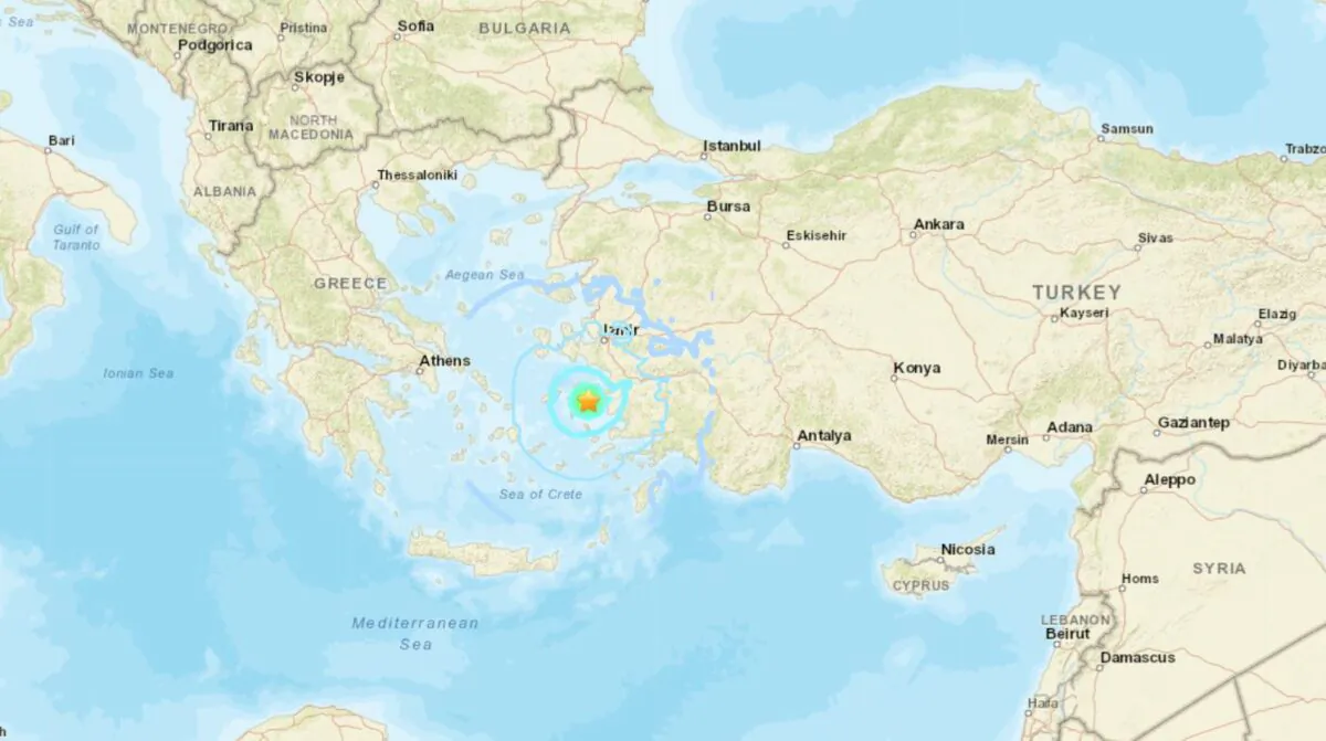 A map showing the location of an earthquake in the eastern Aegean Sea island of Samos, Greece, on Aug. 31, 2022. (USGS/Screenshot via The Epoch Times)