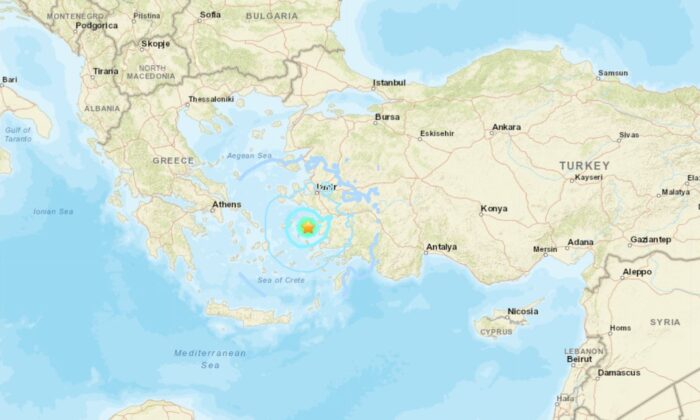 A map showing the location of an earthquake in the eastern Aegean Sea island of Samos, Greece, on Aug. 31, 2022. (USGS/Screenshot via The Epoch Times)