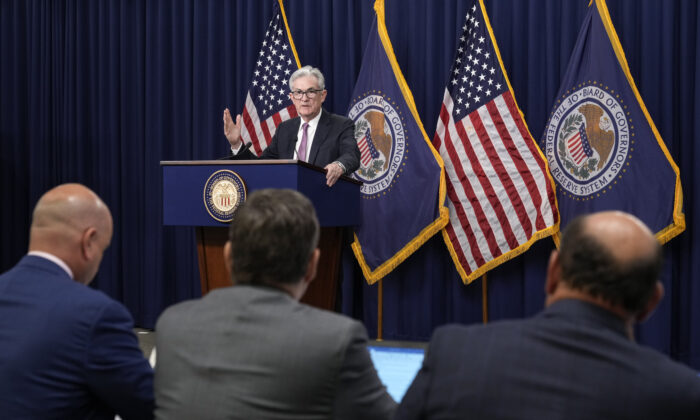 U.S. Federal Reserve chair Jerome Powell speaks at a news conference following a meeting of the Federal Open Market Committee at Federal Reserve headquarters in Washington, D.C., on July 27, 2022. (Drew Angerer/Getty Images)