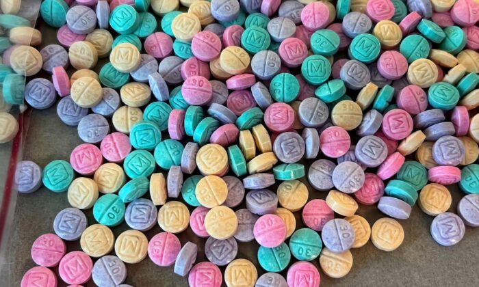 Brightly colored counterfeit M30 oxycodone pills. (DEA)