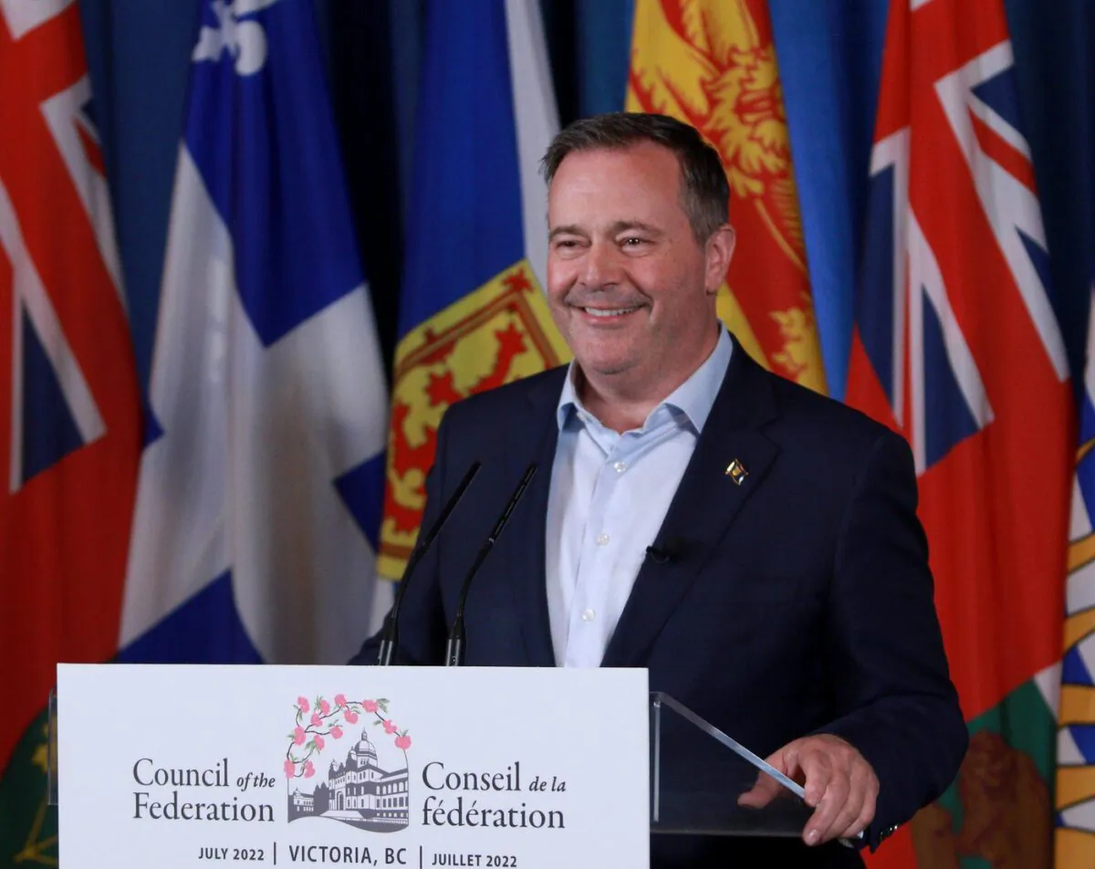 Alberta Premier Jason Kenney answers questions during a press conference in Victoria, B.C., on July 12, 2022. (The Canadian Press/Chad Hipolito)