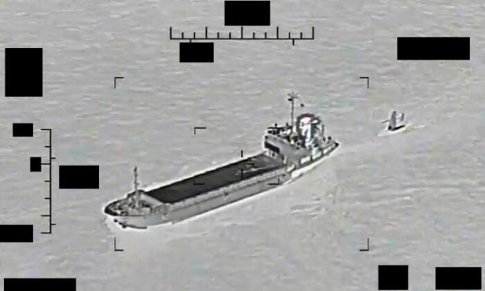 Screenshot of a video showing Iranian support ship Shahid Baziar towing a  US Navy Saildrone Explorer unmanned surface vessel in international waters of the Arabian Gulf on Aug. 30. (U.S. Navy photo)