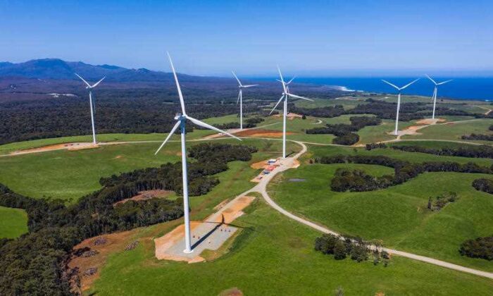 A supplied image obtained on Friday, November 27, 2020, of a wind farm in Tasmania, Australia. (AAP Image/Granville Harbour Wind Farm)