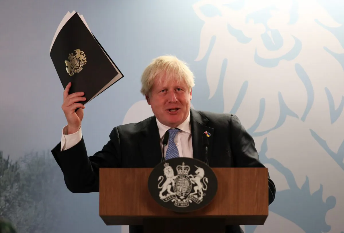 Britain's Prime Minister Boris Johnson speaks during his visit to EDF's Sizewell Nuclear power station in Sizewell, England, on Sept. 1, 2022. (Chris Radburn - Pool/Getty Images)