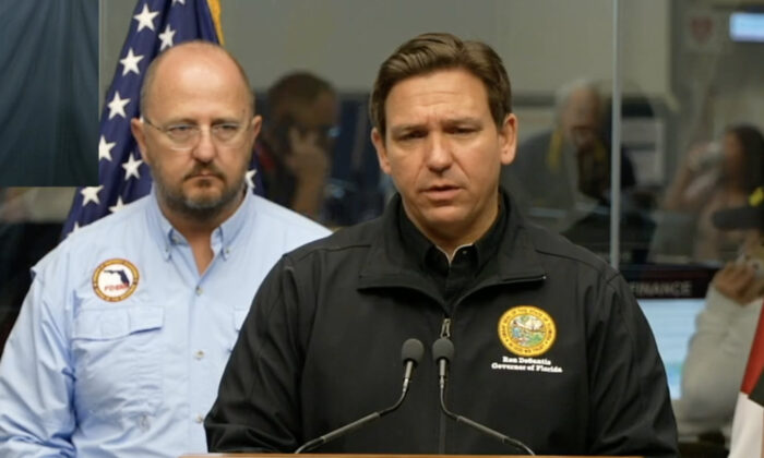 Florida Gov. Ron DeSantis gives an update on recovery after Hurricane Ian, at the State Emergency Operations Center in Tallahassee, Fla., on Sept. 30, 2022. (Florida Governor's Office/Screenshot via NTD)