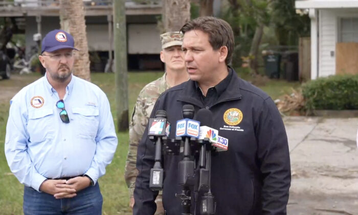 Florida Gov. Ron DeSantis delivers an update on Hurricane Ian, in St. Augustine, Fla., on Sept. 30, 2022. (Florida Governor's Office via Reuters/Screenshot via NTD)