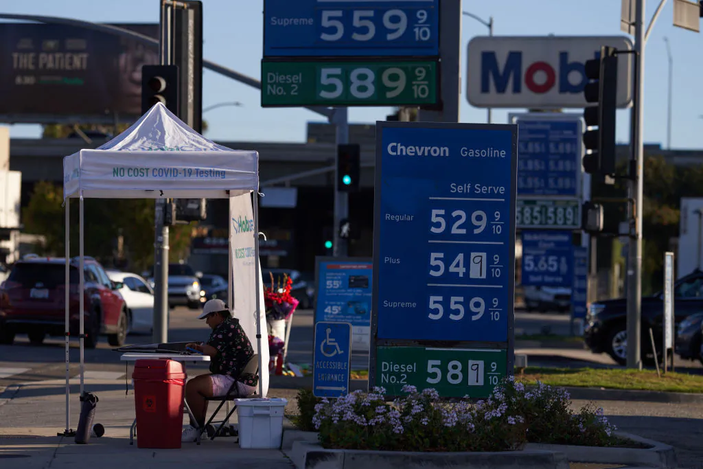 Gas station signs display the price of gas in Los Angeles, Calif., on Sept. 21, 2022. (Allison Dinner/Getty Images)