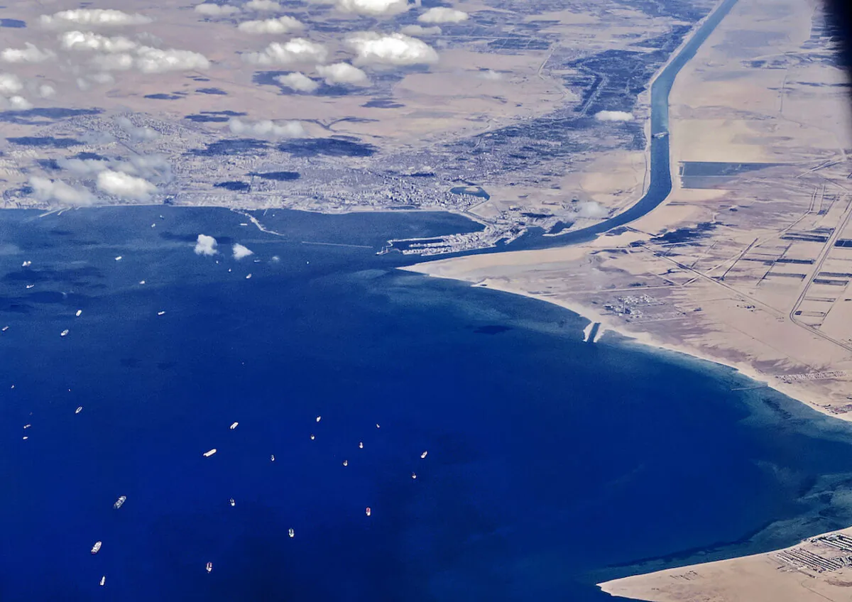 An aerial view taken at southern entrance of the Suez Canal near the Red Sea port city of Suez, Egypt, on March 27, 2021. (Mahmoud Khaled/AFP via Getty Images)