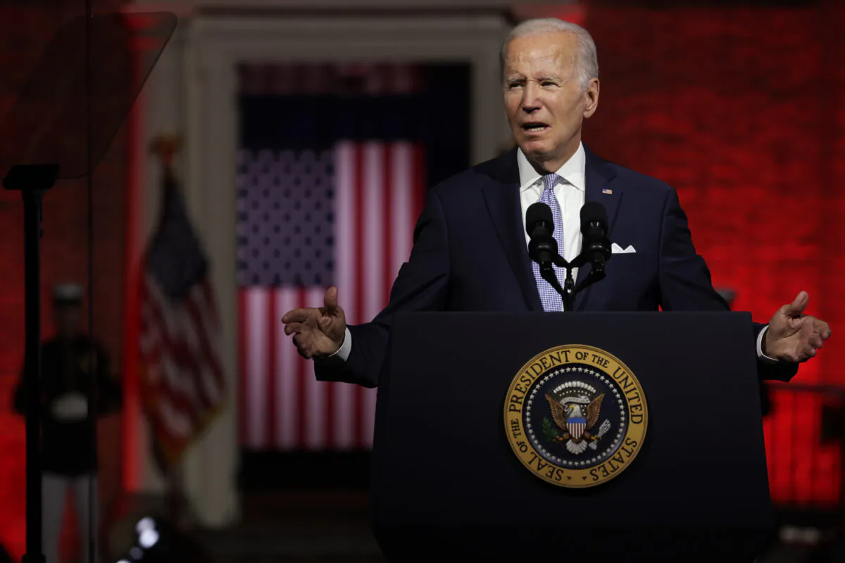 President Joe Biden delivers a primetime speech at Independence National Historical Park in Philadelphia, Pa., on Sept. 1, 2022. (Alex Wong/Getty Images)