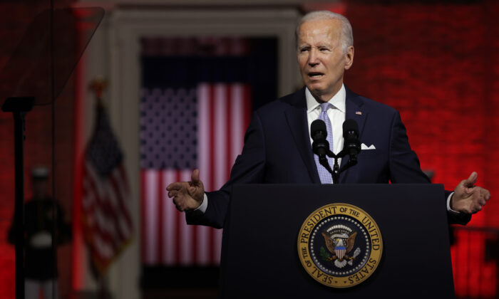 President Joe Biden delivers a primetime speech at Independence National Historical Park in Philadelphia, Pa., on Sept. 1, 2022. (Alex Wong/Getty Images)