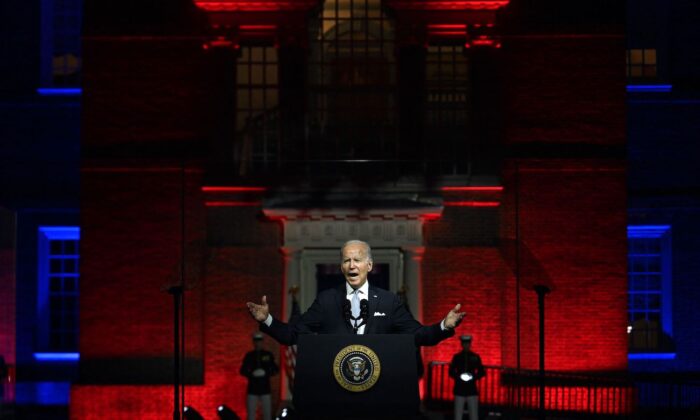 President Joe Biden speaks outside of Independence National Historical Park in Philadelphia, Pa., on Sept. 1, 2022. (Jim Watson/AFP via Getty Images)