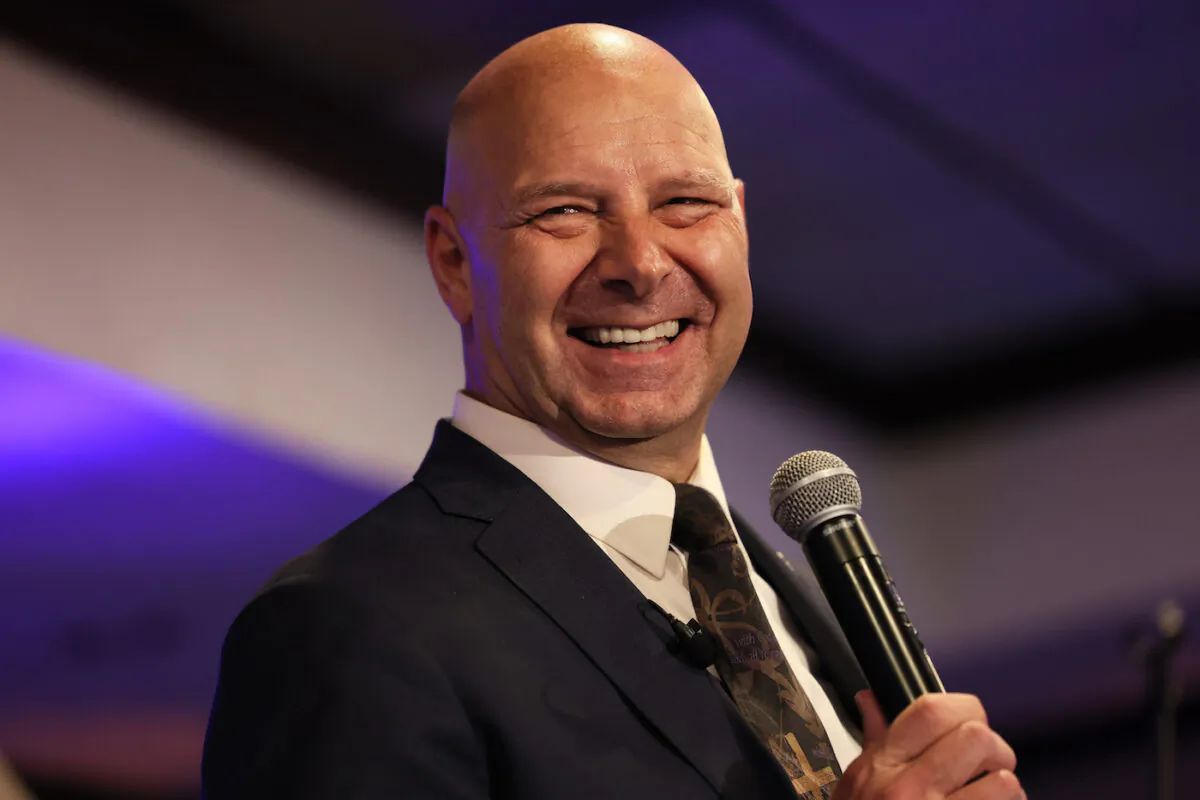 Republican gubernatorial candidate Doug Mastriano gives a victory speech at his election-night party at The Orchards in Chambersburg, Pa., on May 17, 2022. (Michael M. Santiago/Getty Images)