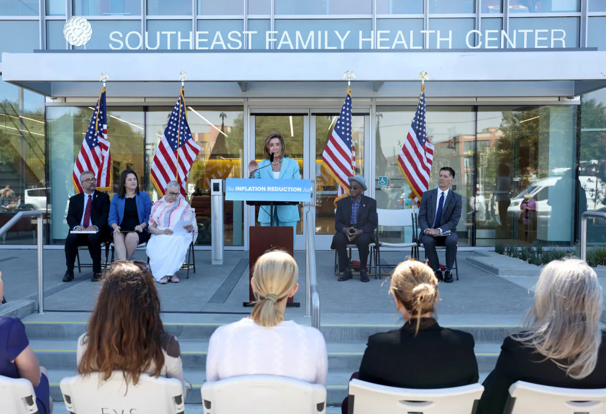 House Speaker Nancy Pelosi (D-Calif.) speaks during a press conference about prescription drugs and lower health care costs at Southeast Health Center Clinic in San Francisco on Aug. 24, 2022. Pelosi met with health care professionals and local residents who will benefit from provisions in the recently passed Inflation Reduction Act that will lower health care and prescription drug costs. (Justin Sullivan/Getty Images)