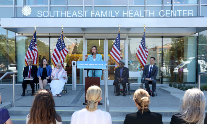 House Speaker Nancy Pelosi (D-Calif.) speaks during a press conference about prescription drugs and lower health care costs at Southeast Health Center Clinic in San Francisco on Aug. 24, 2022. Pelosi met with health care professionals and local residents who will benefit from provisions in the recently passed Inflation Reduction Act that will lower health care and prescription drug costs. (Justin Sullivan/Getty Images)