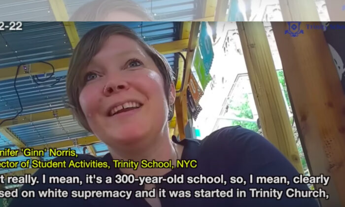 Jennifer 'Ginn' Norris, then-director of student activities at Trinity School in New York City, speaks with an undercover journalist of Project Veritas in a video dated June 12, 2022. (Screenshot via The Epoch Times) 