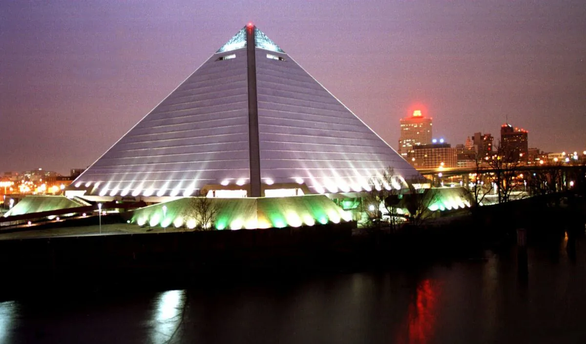The Memphis, Tenn., skyline is dominated by the Memphis Pyramid, an arena that sits on the Mississippi River, in February 1999. (Mark Humphrey/AP Photo)