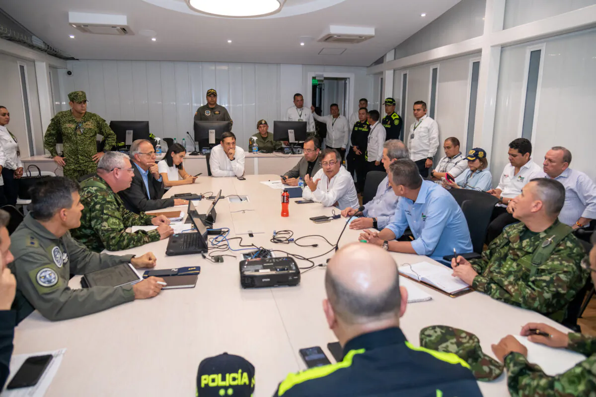 Colombian President Gustavo Petro speaks during a security council after an attack where several police officers died, at the Metropolitan Police building in Neiva, Colombia, on Sept. 2, 2022. (Cesar Carrion/Colombian Presidency/Handout via Reuters)