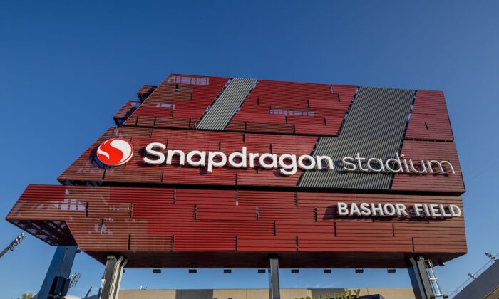 A screenshot from snapdragon stadium website, taken on Sep. 3, 2022, shows the Snapdragon Stadium's front sign. (Screenshot via snapdragonstadium.com) 
