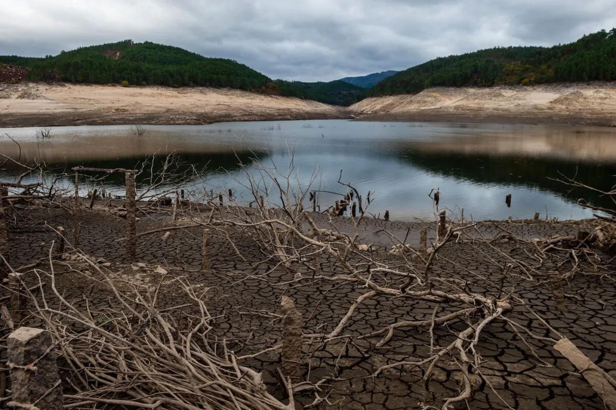 The low water levels of the Lindoso reservoir hydroelectric plant, near Lobios, Ourense province, northwestern Spain on Nov. 22, 2021. The drought that affected the reservoir continues today as it does elsewhere in Europe. (Miguel Riopa/AFP via Getty Images)