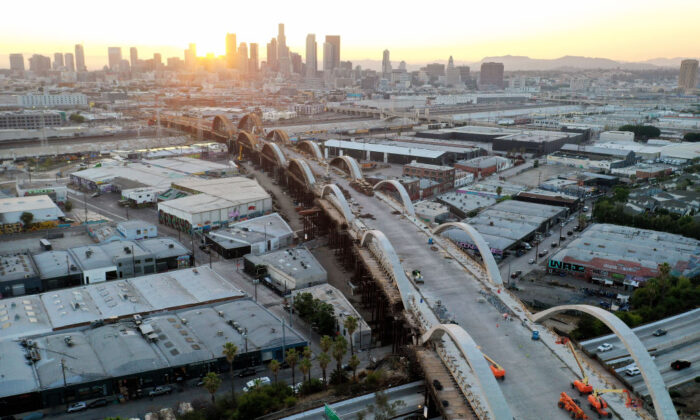 An aerial view shows construction continuing on the Sixth Street Viaduct replacement project, connecting Boyle Heights with downtown in Los Angeles, Calif., on July 28, 2021. (Mario Tama/Getty Images)