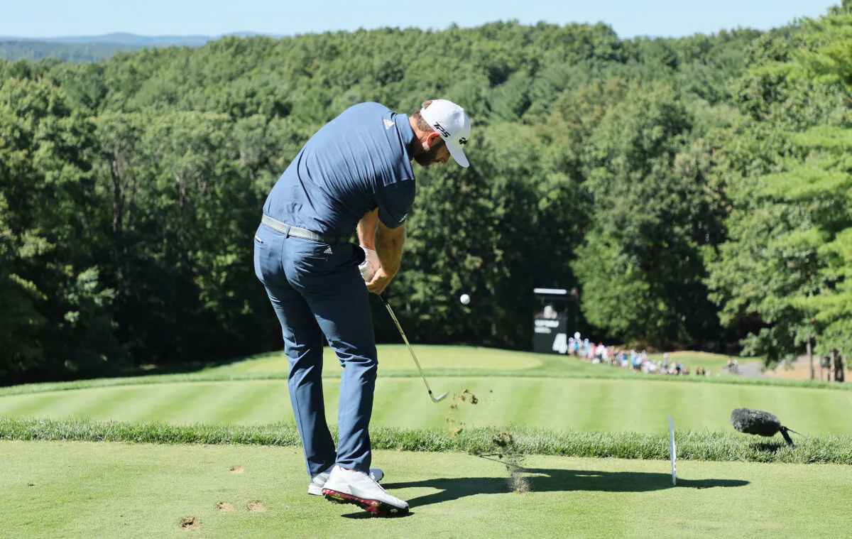 Dustin Johnson of the United States hits his tee shot on the 4th hole during Day One of the LIV Golf Invitational—Boston at The Oaks golf course at The International in Bolton, Mass., on Sept. 2, 2022. (Andy Lyons/Getty Images)