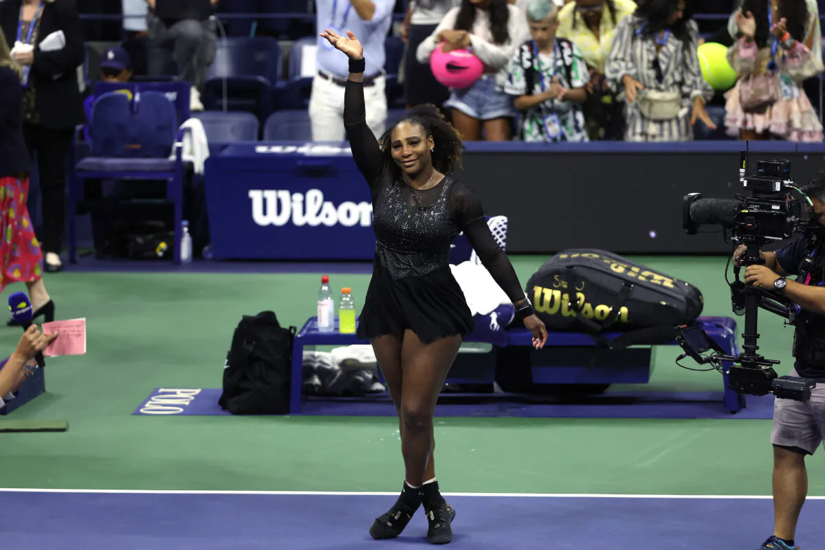 Serena Williams of the United States thanks the fans after being defeated by Ajla Tomlijanovic of Australia during their women's singles third round match on day five of the 2022 U.S. Open at USTA Billie Jean King National Tennis Center in New York on Sept. 2, 2022. (Matthew Stockman/Getty Images)