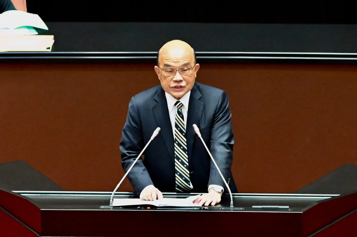 Taiwan's Premier Su Tseng-chang speaks during a session at the parliament in Taipei, Taiwan, on March 1, 2022. (Sam Yeh/AFP via Getty Images)