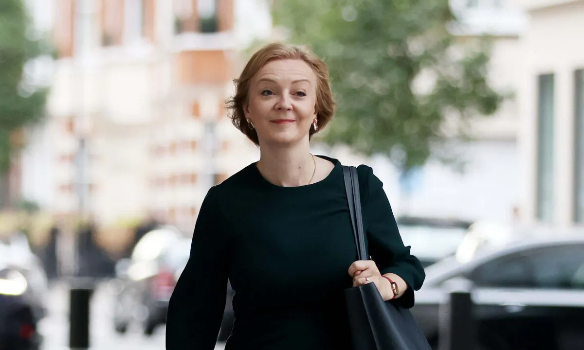 British Foreign Secretary and Conservative leadership hopeful Liz Truss arrives for "Sunday with Laura Kuenssberg" in London on Sept. 4, 2022. (Hollie Adams/Getty Images)