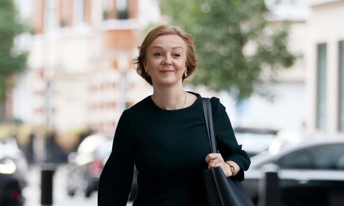 British Foreign Secretary and Conservative leadership hopeful Liz Truss arrives for "Sunday with Laura Kuenssberg" in London on Sept. 4, 2022. (Hollie Adams/Getty Images)