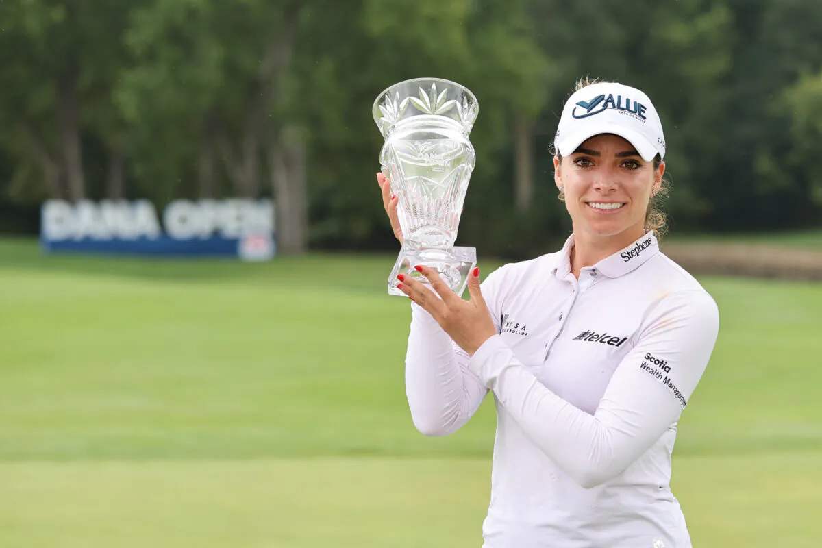Gaby Lopez of Mexico poses with the trophy after winning the Dana Open presented by Marathon at Highland Meadows Golf Club in Sylvania, Ohio, Sept. 4, 2022. (Gregory Shamus/Getty Images)