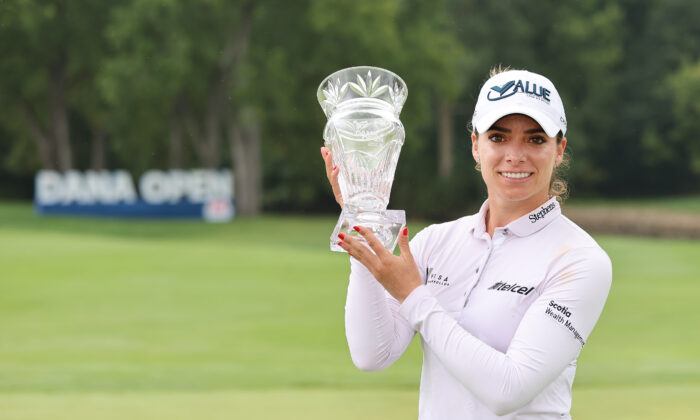 Gaby Lopez of Mexico poses with the trophy after winning the Dana Open presented by Marathon at Highland Meadows Golf Club in Sylvania, Ohio, Sept. 4, 2022. (Gregory Shamus/Getty Images)
