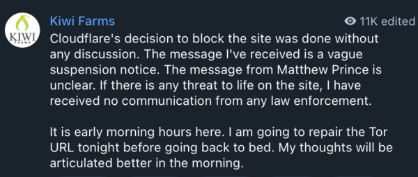 josh moon kiwi farms message over cloudflare