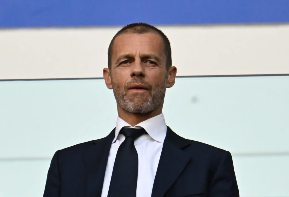 UEFA president Aleksander Ceferin in the stands before the Women's Champions League Final Soccer Football match between FC Barcelona and Olympique Lyonnais at Allianz Stadium in Turin, Italy, on May 21, 2022. (Alberto Lingria/Reuters)