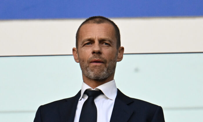 UEFA president Aleksander Ceferin in the stands before the Women's Champions League Final Soccer Football match between FC Barcelona and Olympique Lyonnais at Allianz Stadium in Turin, Italy, on May 21, 2022. (Alberto Lingria/Reuters)