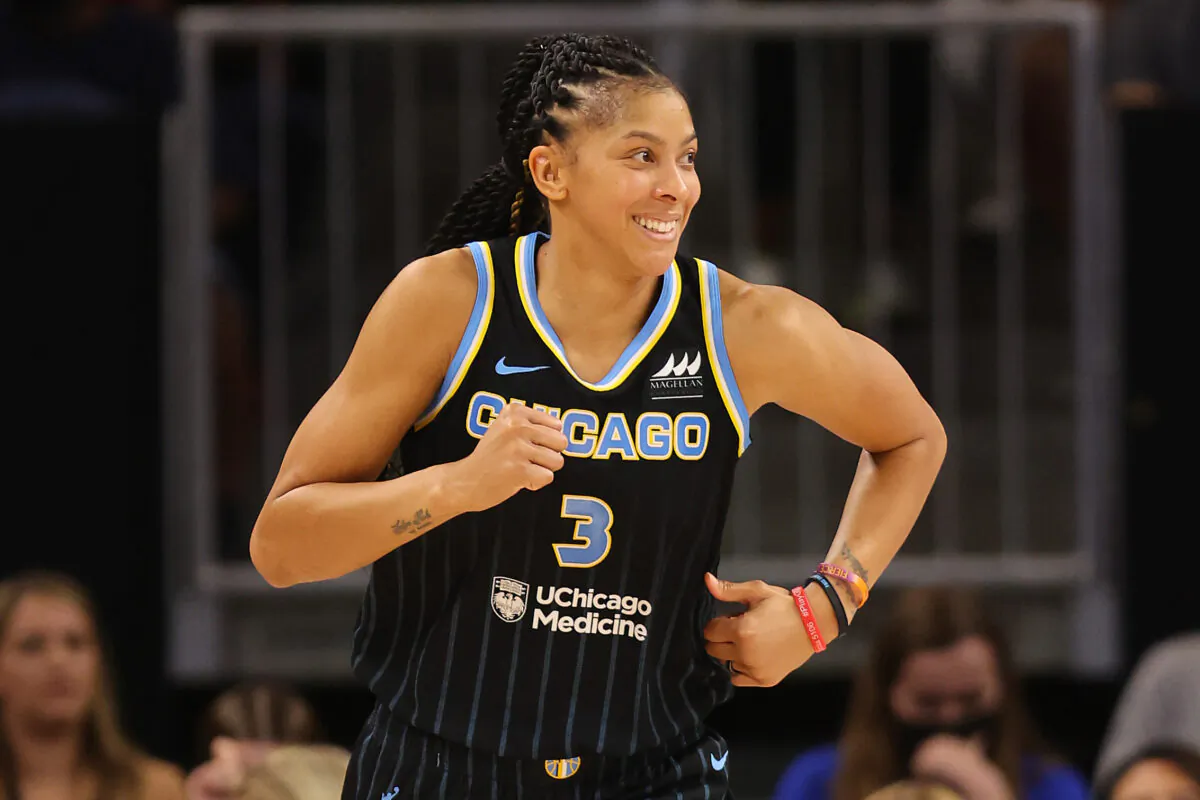 Candace Parker #3 of the Chicago Sky celebrates a basket against the Connecticut Sun during the second half in Game Two of the 2022 WNBA Playoffs semifinals at Wintrust Arena in Chicago on Aug. 31, 2022., (Michael Reaves/Getty Images)