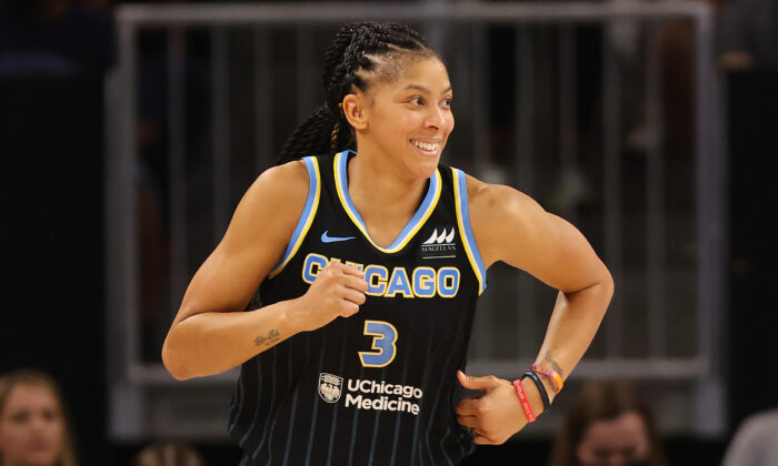 Candace Parker #3 of the Chicago Sky celebrates a basket against the Connecticut Sun during the second half in Game Two of the 2022 WNBA Playoffs semifinals at Wintrust Arena in Chicago on Aug. 31, 2022., (Michael Reaves/Getty Images)