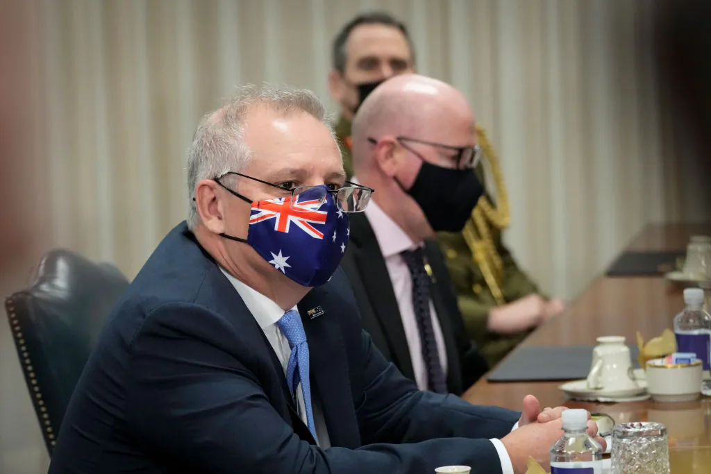 Then Prime Minister of Australia Scott Morrison speaks during a meeting with U.S. Secretary of Defense Lloyd Austin at the Pentagon, following the announcement of the AUKUS security pact to help Australia develop and deploy nuclear-powered submarines, in Arlington, Va., on Sept. 22, 2021. (Drew Angerer/Getty Images)