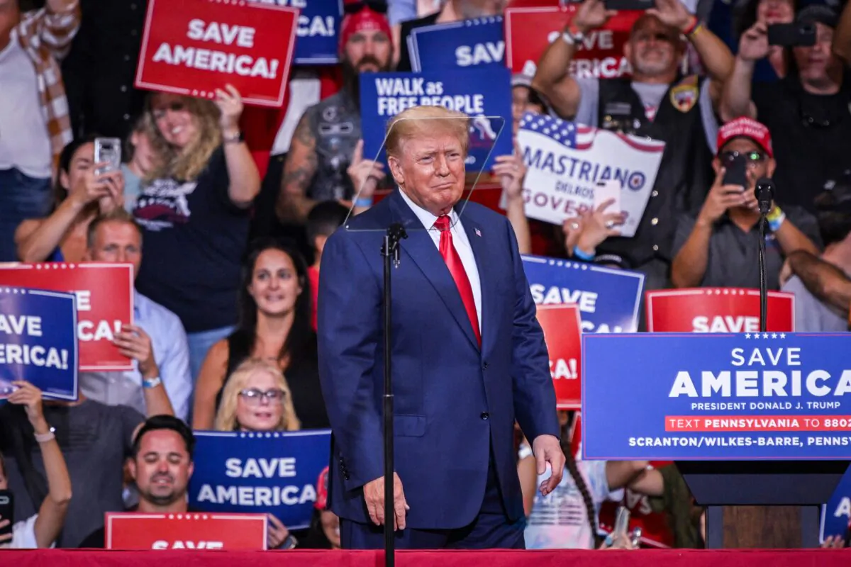 Former U.S. President Donald Trump during a campaign rally in support of Doug Mastriano for Governor and Mehmet Oz for U.S. Senate at Mohegan Sun Arena in Wilkes-Barre, Pennsylvania on Sept. 3, 2022. (Ed Jones/AFP via Getty Images)