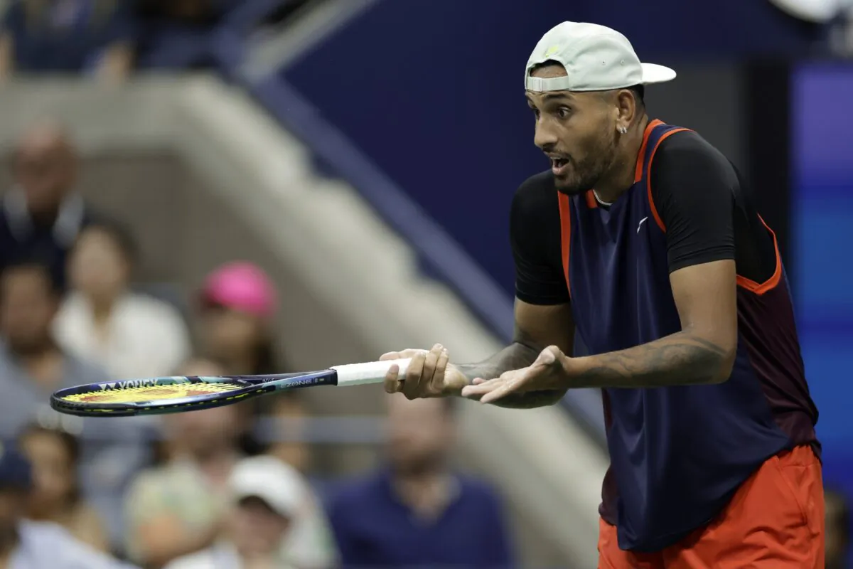 Nick Kyrgios of Australia reacts to his play against Daniil Medvedev of Russia, during the fourth round of the U.S. Open tennis championships in New York on Sept. 4, 2022. (Adam Hunger/AP Photo)